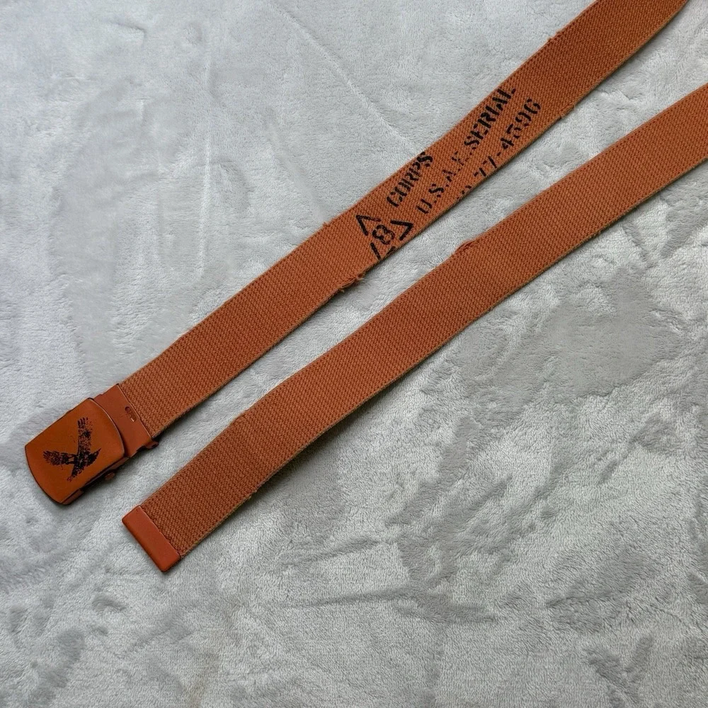 American‎ Eagle Orange Web Belt Eagle Buckle Canvas Military Style Y2K